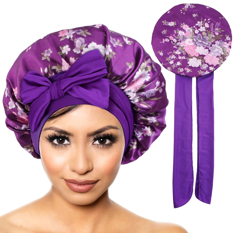 New Satin Bonnet for Sleeping Curly Hair Cover Sleep Cap Silky Night Caps for Women Large Silky Sleep Bonnet with Tie